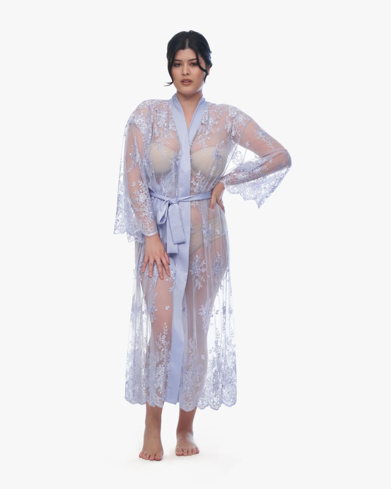 Front of a model wearing a size 1X Darling Robe in Wisteria by Montelle. | dia_product_style_image_id:156160